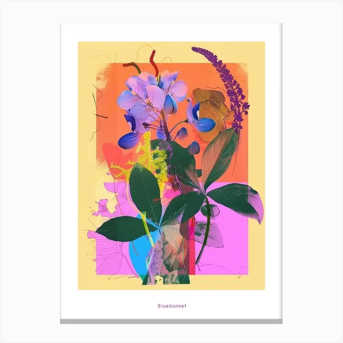 Bluebonnet 8 Neon Flower Collage Poster Canvas Print by Botanic Studio
