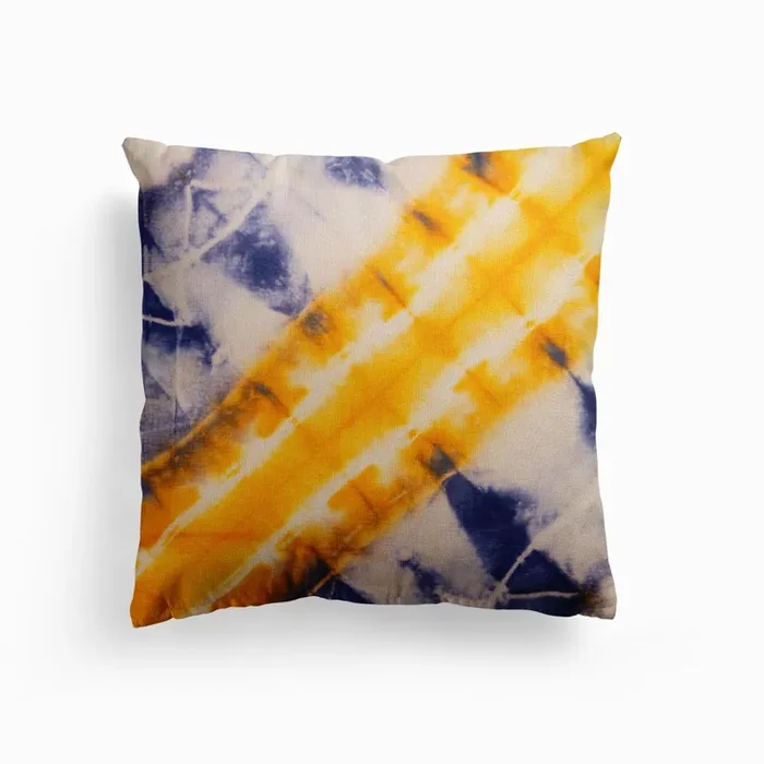 Boho Tie Dye Pattern Blue And Yellow Canvas Cushion by Mambo