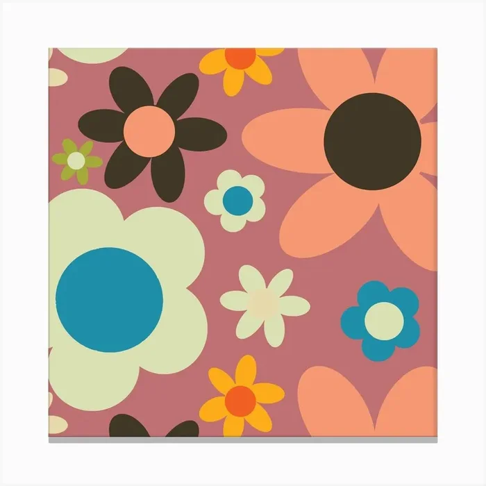 Bold 70s Retro Floral Pink Square Canvas Print by Susana Costa