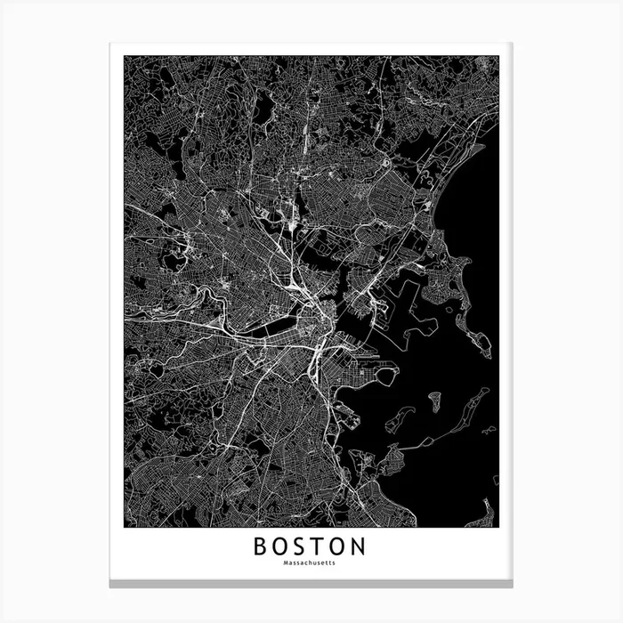 Boston Black And White Map Canvas Print by multipliCITY