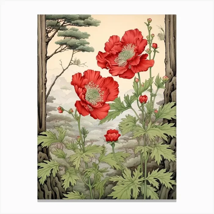 Botan Peony 2 Japanese Botanical Illustration Canvas Print by Botanic Studio