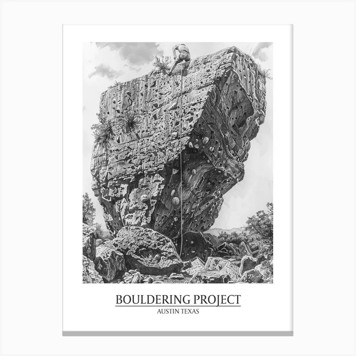Bouldering Project Austin Texas Black And White Drawing 1 Poster Canvas Print by PixelPerfect