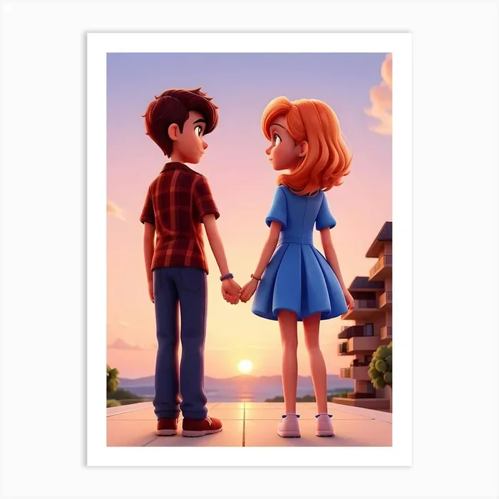 Boy And Girl Holding Hands Sunset View Art Print by Ishwar Creation