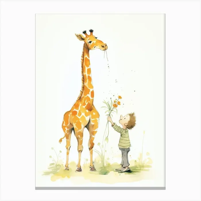 Boy Gives The Giraffe A Flower Canvas Print by DBmedia
