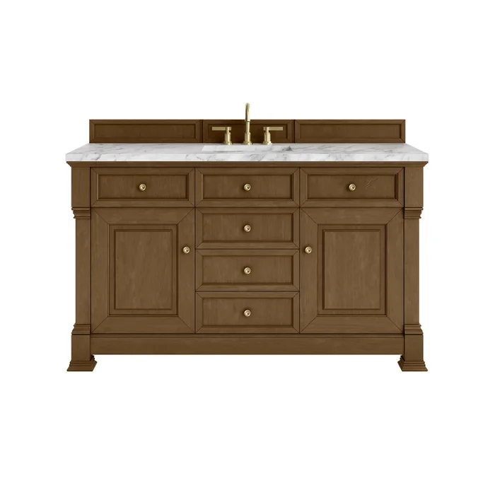 Brookfield 60 ” Single Vanity, Honey Oak w/3 CM Carrara White Marble Top