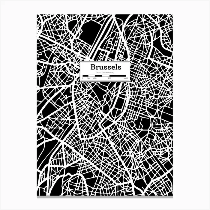 Brussels (Belgium) City Map — Hand-drawn map, vector black map Canvas Print by Synthwave1950