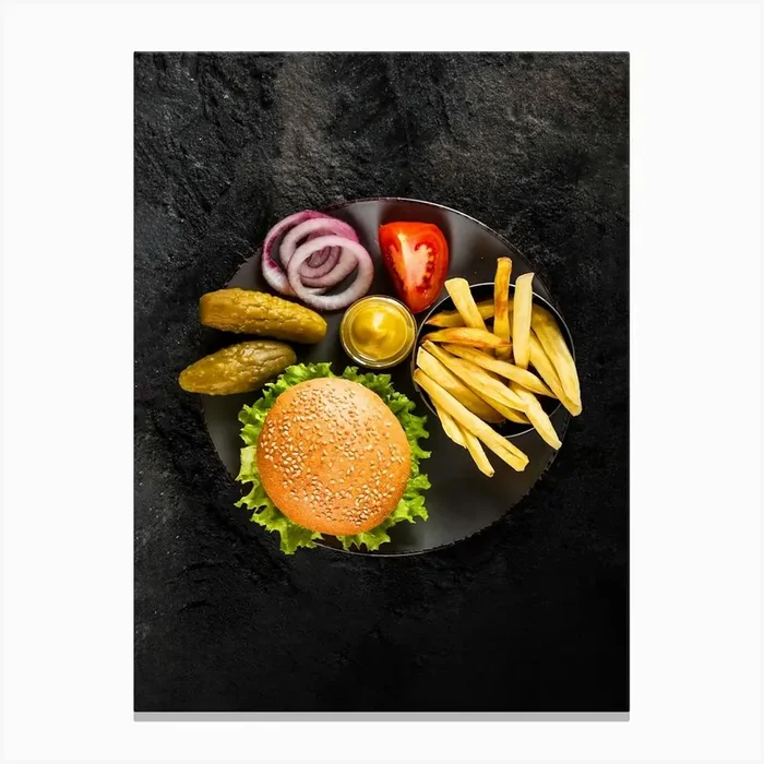 Burger and fries — Food kitchen poster/blackboard, photo art Canvas Print by Synthwave1950