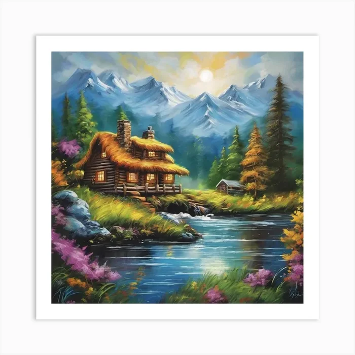 Cabin By The River 1 Art Print by Cats for you