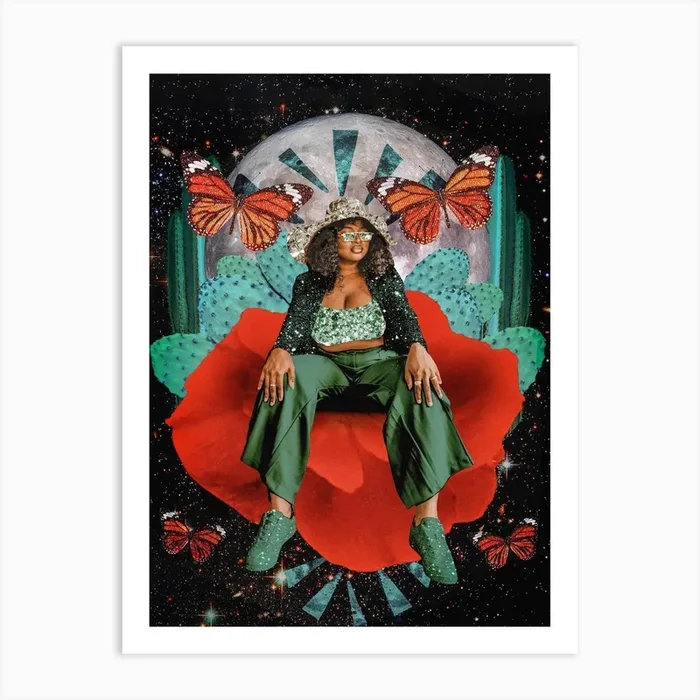 Cactus Moon Glitter Woman Collage Art Print by Collage Art by Hana Brenner-Katz