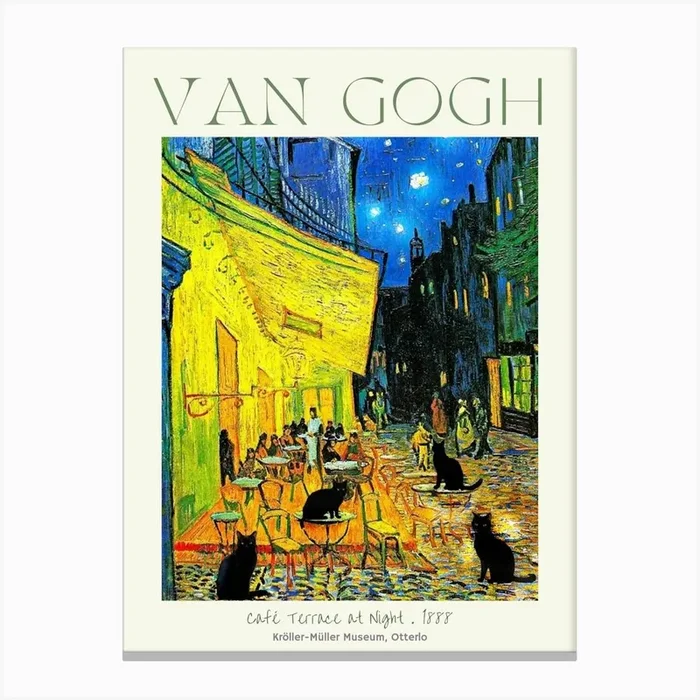 Café Cats Party on the Terrace at Night Funny Cute Museum Poster Print – Vincent Van Gogh Remastered Art With Added Famous Vintage Antique Black Cats in HD Canvas PrintFS by Free Spirits & Hippies