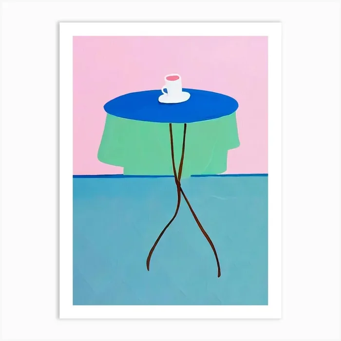 Café Table Art Print – Modern Abstract Coffee Cup Illustration in Blue and Pink Art Print by The Printable Studio