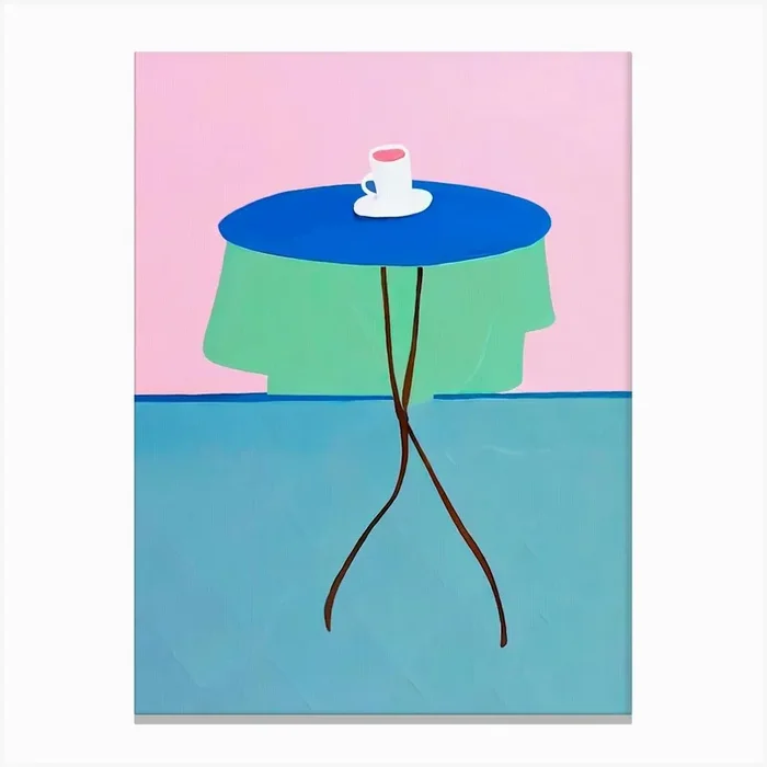 Café Table Art Print – Modern Abstract Coffee Cup Illustration in Blue and Pink Canvas Print by The Printable Studio