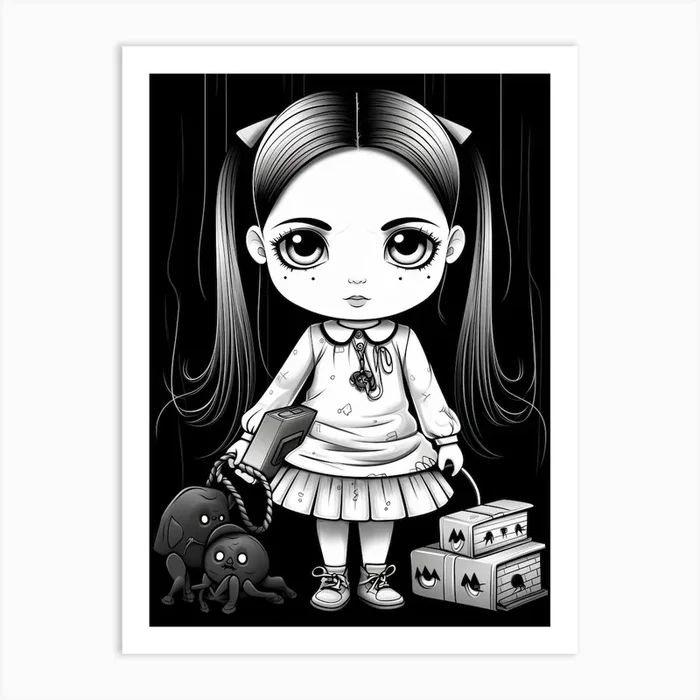 Cartoon Of Wednesday Addams Line Art 3 Fan Art Art Print by Fusion Designs