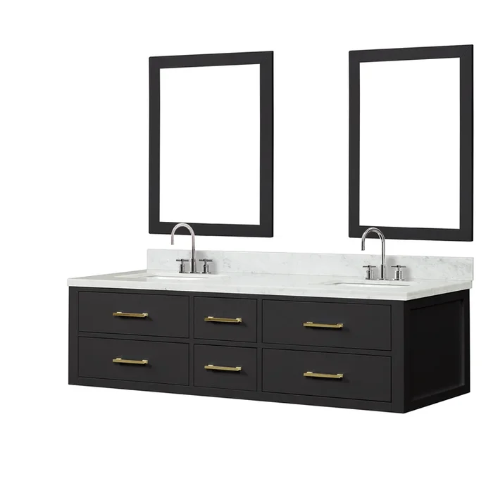 Castor 72 in W x 22 in D Black Double Bath Vanity, Carrara Marble Top, Faucet Set, and 34 in Mirrors