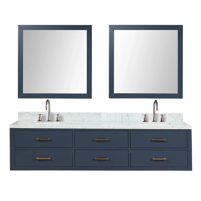 Castor 80 in W x 22 in D Blue Double Bath Vanity, Carrara Marble Top, Faucet Set, and 36 in Mirrors