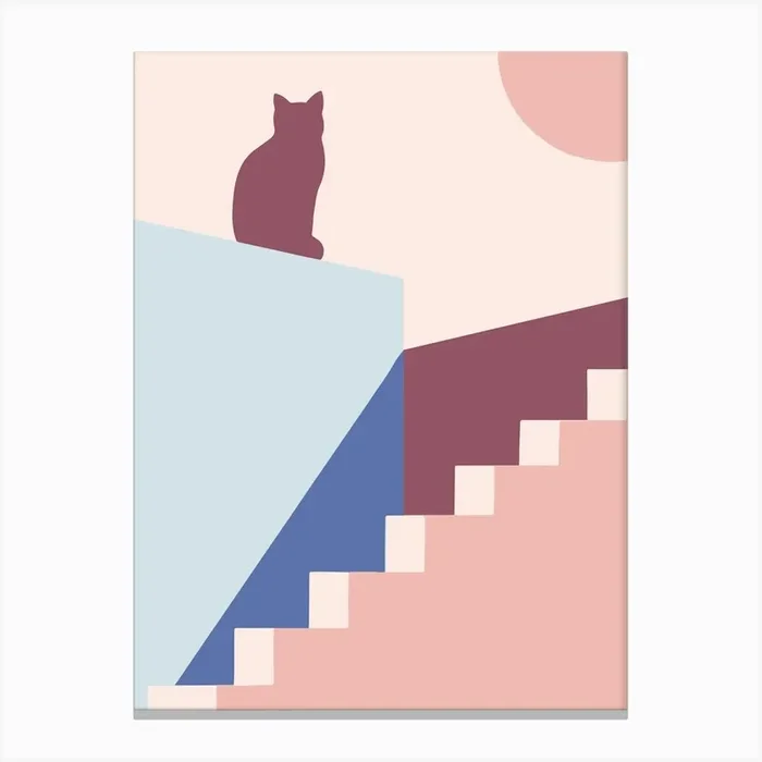 Cat On Stairs — boho travel poster Canvas Print by Synthwave1950