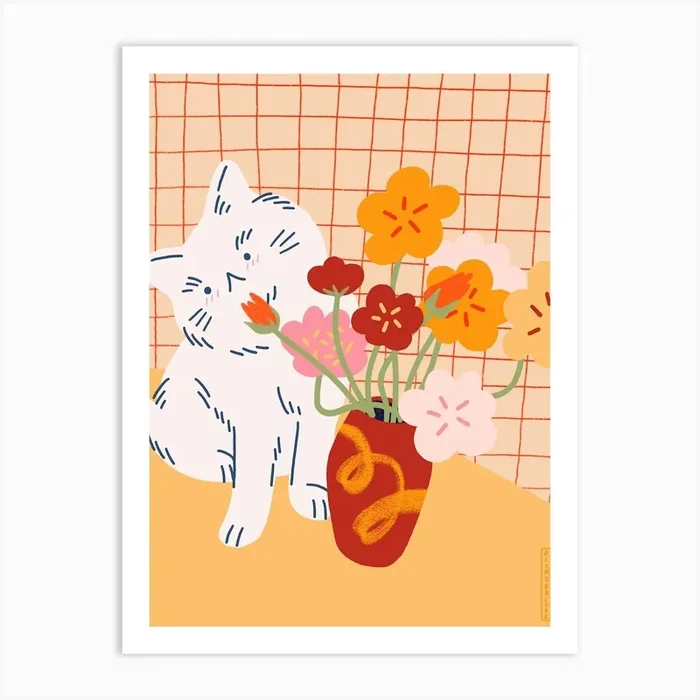 Cat With Flowers Art Print by ALXNDRA