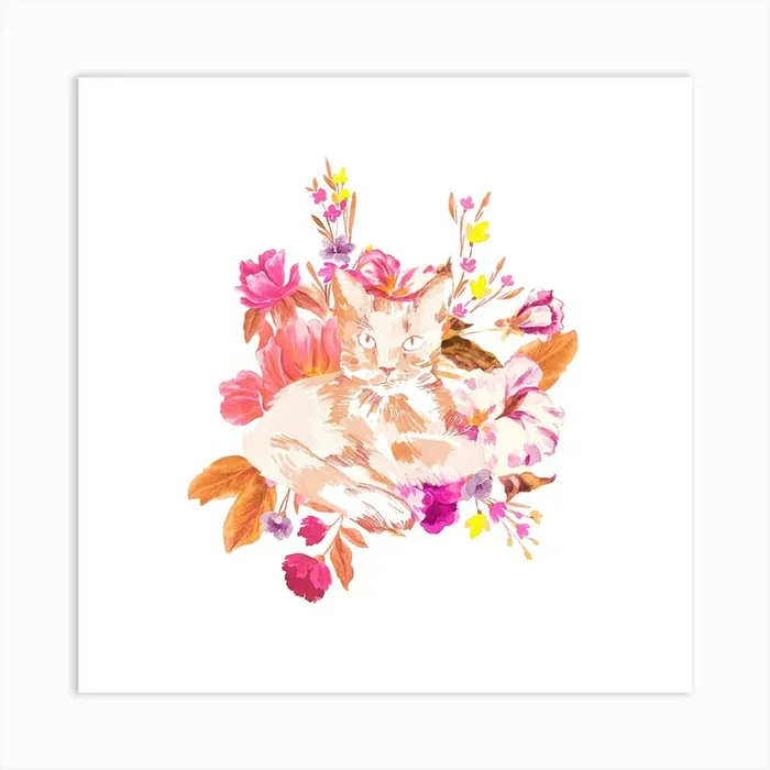 Cat With Flowers Art Print by Lourdes Bruzzoni