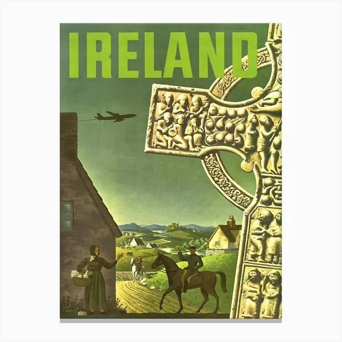 Celtic Cross, Ireland Countryside, Travel Poster Canvas Print by Vintage Spirit
