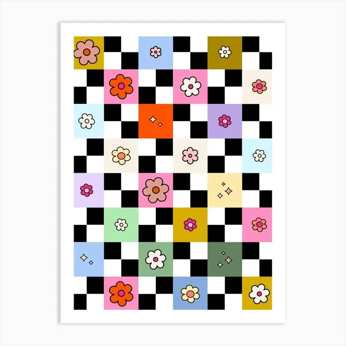 Checkered Daisies Retro Colorful Flower Check Art PrintDR by Daily Regina Designs
