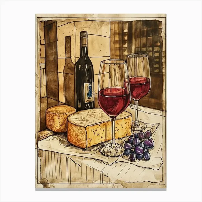 Cheese & Wine Rustic Illustration 3 Canvas Print by Artful Appetite