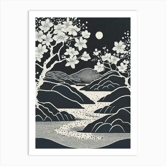 Cherry Blossoms In Full Bloom By A Gentle Stream Ukiyo-E Style Art PrintAB by Art Boutique