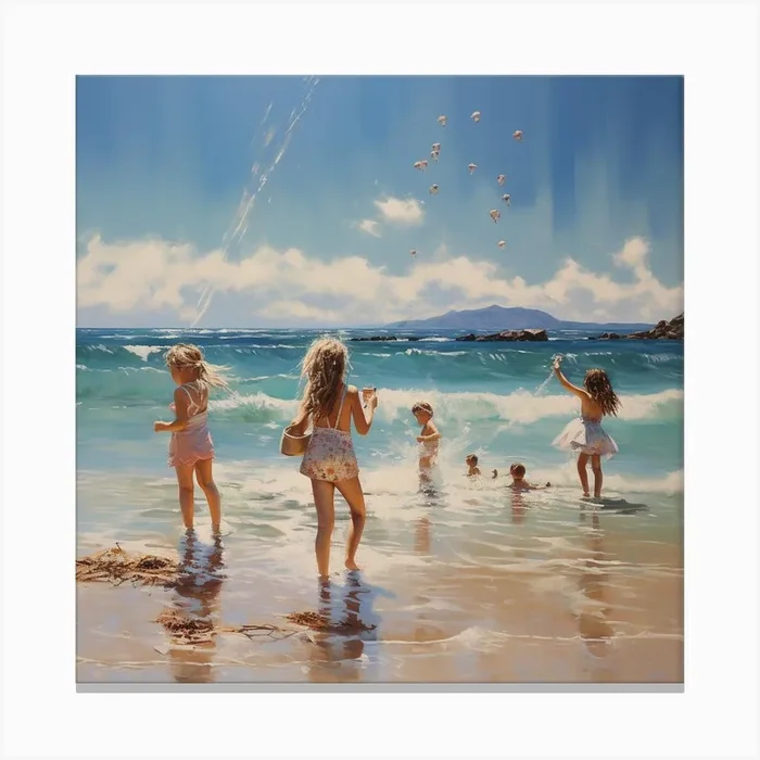 Children Playing On The Beach Canvas Print by PaigeDesigns