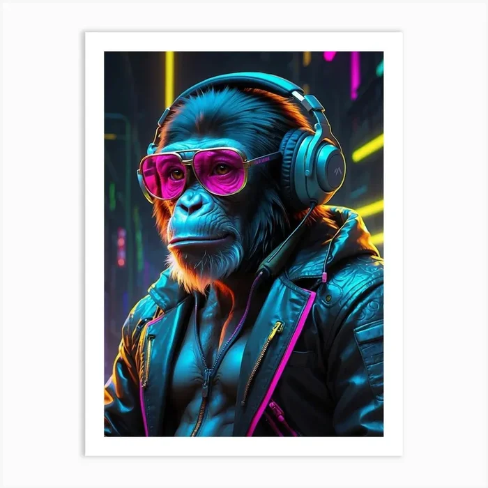 Chimpanzee With Headphones Art Print by Saad design