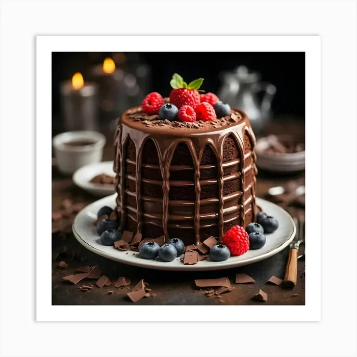Chocolate Cake With Berries 2 Art Print by Ishwar Creation