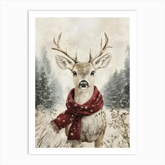 Christmas Reindeer With Red Scarf Art Print by Banevici