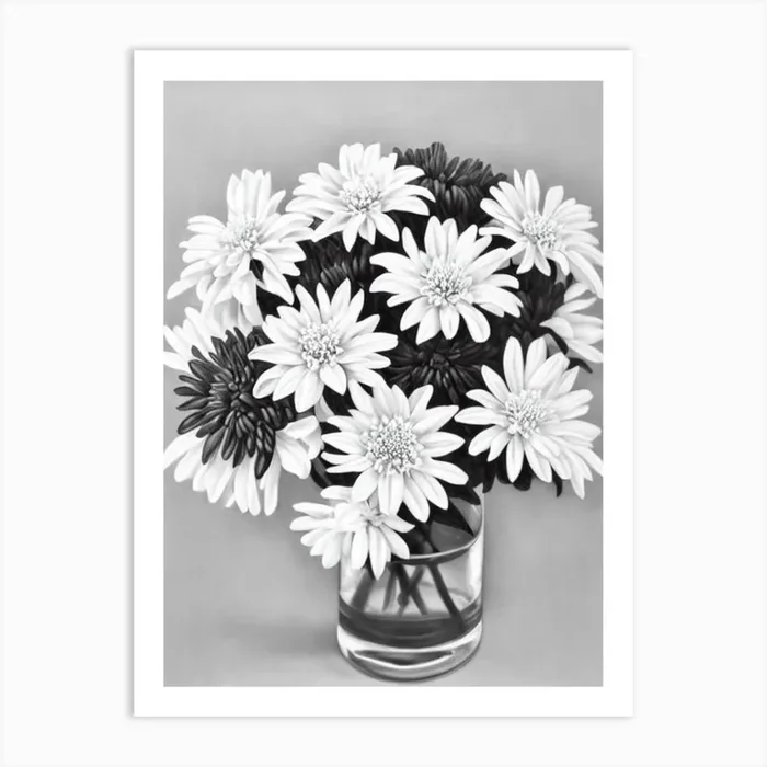 Chrysanthemums B&W Pencil 1 Flower Art Print by The Artsy Florist