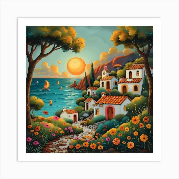 Coastal Mediterranean Village, Naive, Whimsical, Folk Art Print by Moisky