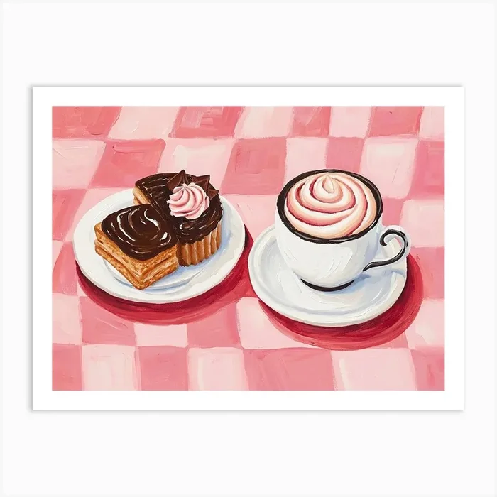 Coffee & Cake Pink Checkerboard Art Print by Artful Appetite