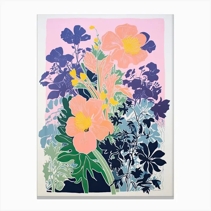 Colourful Bouquet Of Flowers In Risograph Style 9 Canvas Print by Vintage Ink