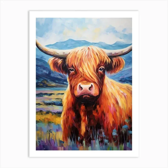 Colourful Impressionism Style Painting Of A Highland Cow 4 Art Print by Exploring the Highlands