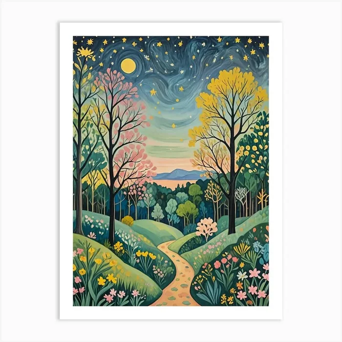 Colourful Night In The Woods Art PrintDP by Daydream Pacific