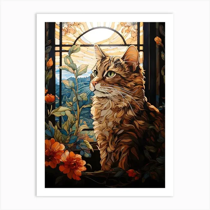 Contemporary Floral Cat On Windowsill 4 Art PrintSC by S.K. Coghlan