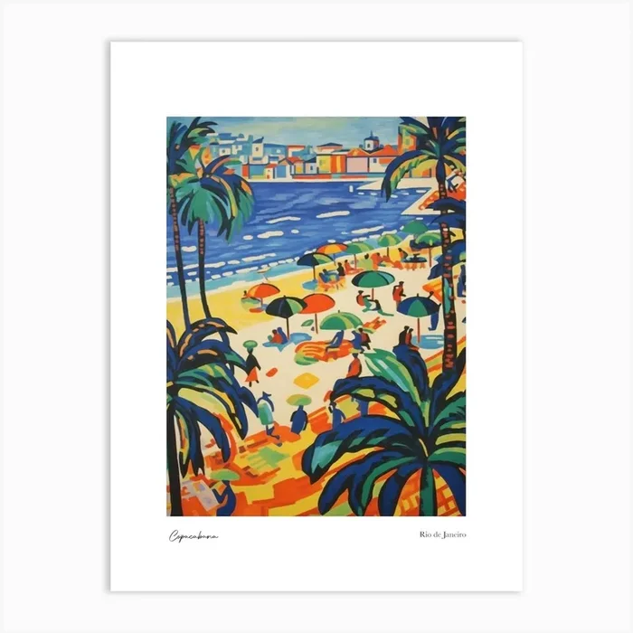 Copacabana Rio De Janeiro Matisse Style 4 Watercolour Travel Poster Art Print by Fusion Designs