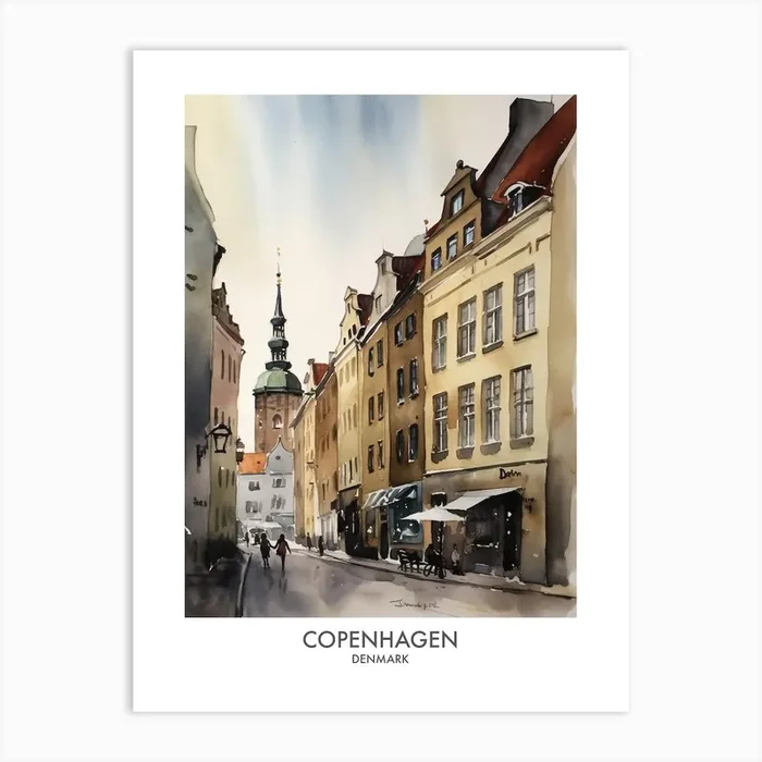 Copenhagen 2 Watercolour Travel Poster Art Print by Fusion Designs