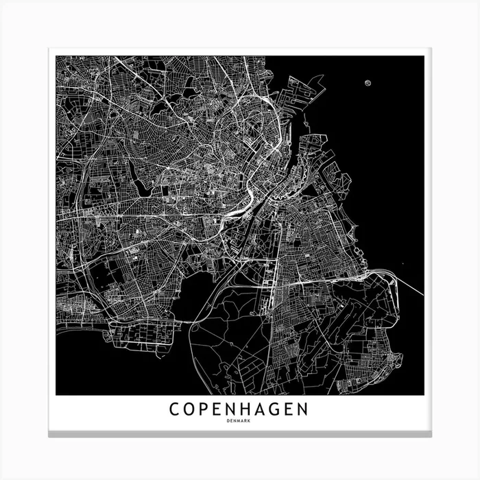 Copenhagen Black And White Map Square Canvas Print by multipliCITY