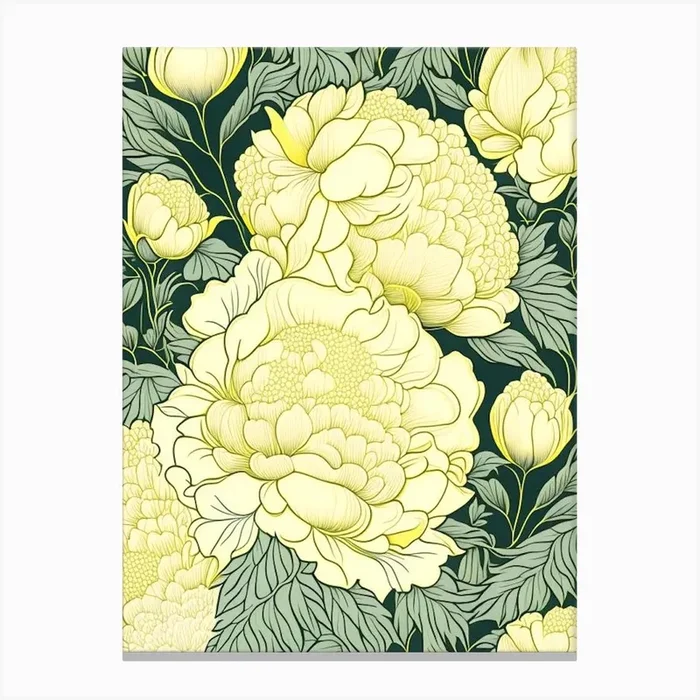 Cottage Gardens Peonies 1 Yellow Drawing Canvas Print by Petal Peonies