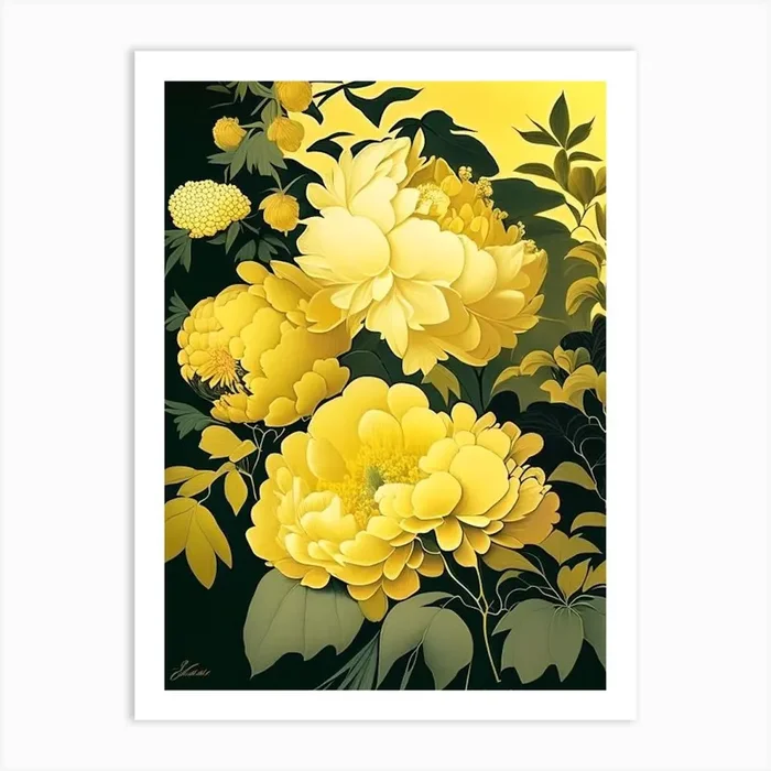 Cottage Gardens Peonies 2 Yellow Vintage Sketch Art Print by Petal Peonies