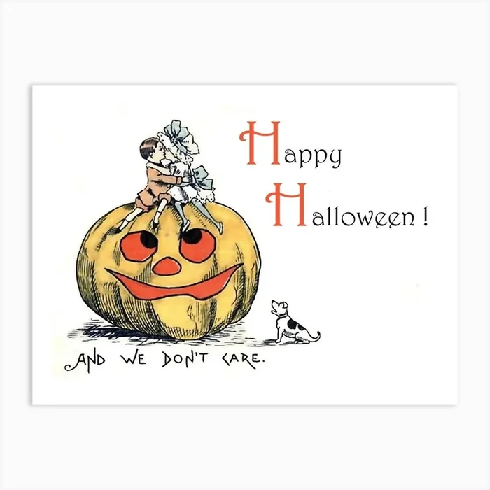 Couple In Love Sitting On A Big Pumpkin, Happy Halloween Art Print by Vintage Spirit