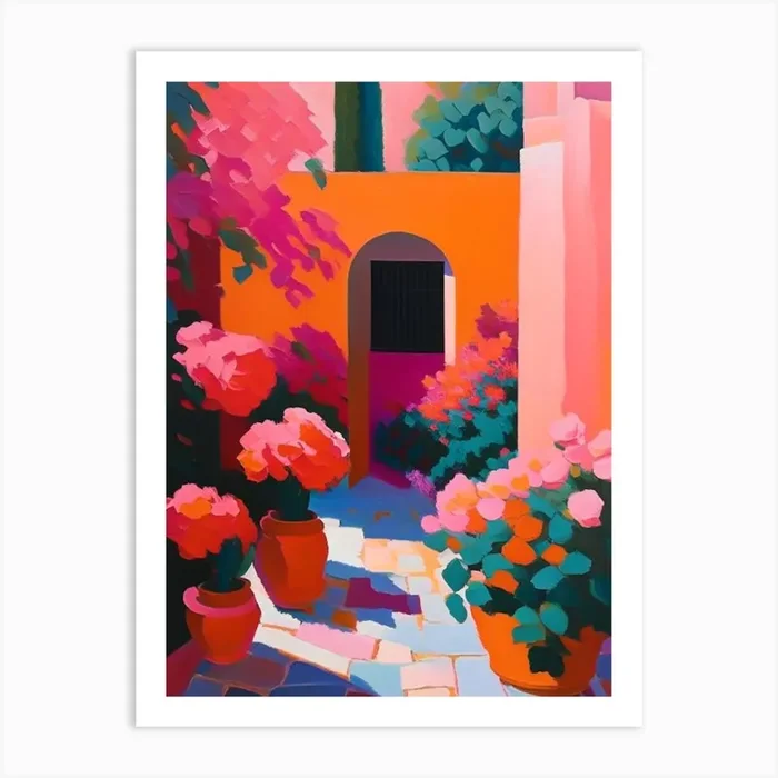 Courtyard With Peonies Orange And Pink Colourful Painting Art Print by Petal Peonies
