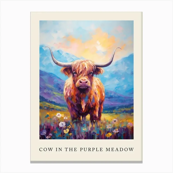 Cow In The Purple Meadow Poster Canvas Print by Exploring the Highlands