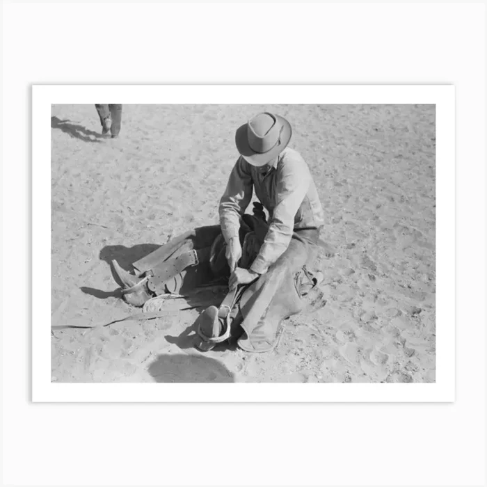 Cowboy Testing Stirrups At Rodeo Before Broncbusting, Quemado, Mew Mexico By Russell Lee Art Print by Fy! Classic Art Prints and Posters