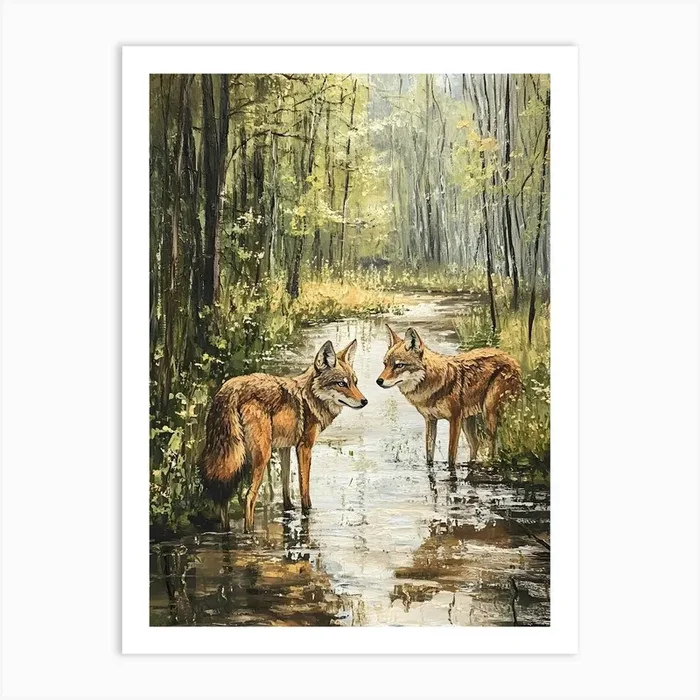Coyotes At The Stream In The Woods Art PrintSC by S.K. Coghlan