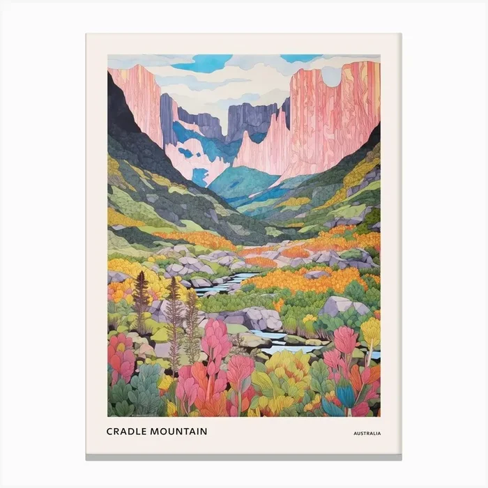 Cradle Mountain Australia 2 Colourful Mountain Illustration Poster Canvas Print by WanderWall Prints