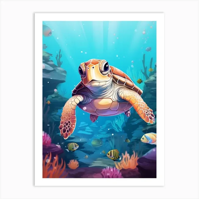 Curious Hawksbill Turtle With Fish Art PrintMM by Marine Masterpieces
