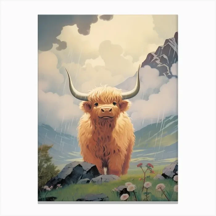 Cute Animated Highland Bull In The Rain Canvas Print by Exploring the Highlands